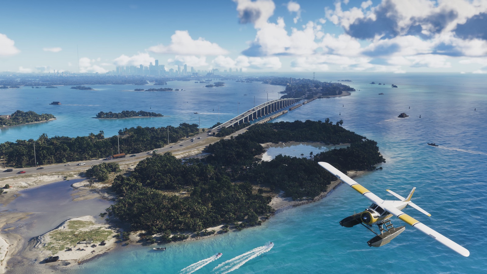 Low islands and bridges reaching into shallow turquoise water in the Leonida Keys