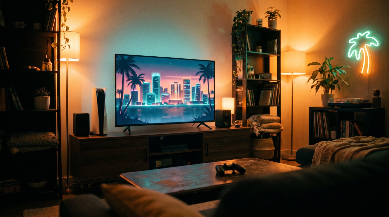 A console, controller and television in a living room