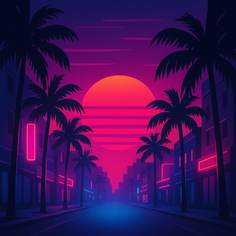 Wanted Wire illustration: a neon Miami street at dusk